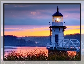 Zachód słońca, Stan Maine, Ocean Atlantycki, Stany Zjednoczone, Morze, Latarnia morska, Doubling Point Lighthouse, Arrowsic