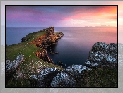 Zachód słońca, Latarnia morska Neist Point Lighthouse, Wybrzeże, Szkocja, Morze Szkockie, Skały, Wyspa Skye, Półwysep Duirinish