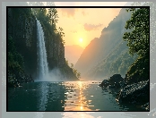 Góry, Wodospad, Rzeka, Zachód słońca, Drzewa, Skały