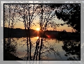Zachód, Drzewa, Słońca, Jezioro