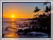 Wyspa Maui, Palmy, Morze, Stany Zjednoczone, Zachód słońca, Skały, Wailea, Hawaje