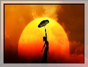 Zachód, Parasol, Słońca, Kobieta