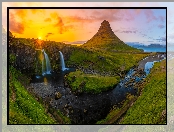 Zachód słońca, Promienie słońca, Półwysep Snaefellsnes, Islandia, Kirkjufell, Wodospady, Góra
