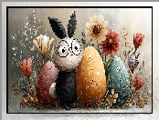 Wielkanoc, Pisanki, Kwiaty, Zajączek, Grafika AI