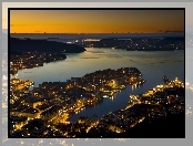 Zatoka, Bergen, Noc, Panorama, Miasto
