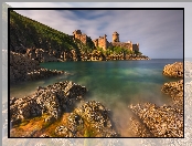 Zatoka Saint Malo, Francja, Castle of the Rock Goyon, Zamek, Chmury, Bretania, Skały, Fort la Latte, Morze