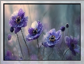 Anemony, Fioletowe, Kwiaty, Zawilce, Grafika AI