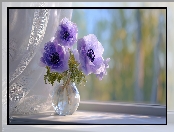 Okno, Firanki, Fioletowe, Grafika AI, Anemony, Wazon, Zawilce