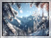 Śnieżynka, Gałązki, Sosna, Zima, Grafika AI