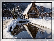 Zima, Śnieg, Staw, Drewniane, Japonia, Drzewa, Wieś Shirakawa, Domy, Prefektura Gifu, Droga, Góry