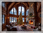 Boże Narodzenie, Okna, Salon, Choinka, Fotele, Zima, Kominek, Udekorowana, Stolik, AI