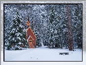 Kaplica, Zima, Las, Kościółek, Stany Zjednoczone, Drzewa, Stan Kalifornia, Ławeczka, Park Narodowy Yosemite