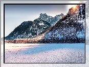 Zamarznięte, Zima, Austria, Promienie słońca, Góry, Jezioro Langbathseen