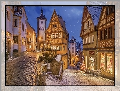 Zima, Choinka, Dekoracje, Uliczka, Niemcy, Śnieg, Rothenburg ob der Tauber, Domy, Bawaria, Boże Narodzenie, Oświetlenie