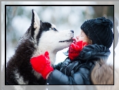 Zima, Dziewczynka, Husky, Przyjazń, Park