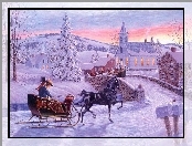 Zima, Malarstwo, Sanie, Kościół