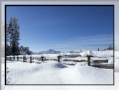 Zima, Płot, Stany Zjednoczone, Ogrodzenie, Stan Oregon, Black Butte Ranch, Śnieg, Góry Białe, Góra Waszyngtona, Drzewa