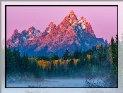 Park Narodowy Grand Teton, Drzewa, Teton Range, Stany Zjednoczone, Rzeka, Jesień, Góry, Stan Wyoming