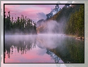 Park Narodowy Grand Teton, String Lake, Stany Zjednoczone, Jezioro, Las, Drzewa, Góry, Mgła, Stan Wyoming