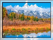 Jesień, Stan Wyoming, Stany Zjednoczone, Park Narodowy Grand Teton, Rzeka, Góry Teton Range, Drzewa