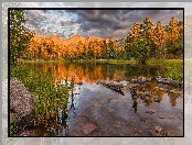 Park Narodowy Gór Skalistych, Kamienie, Spraque Lake, Stany Zjednoczone, Drzewa, Wschód słońca, Jezioro, Kolorado