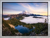 Stan Waszyngton, Eunice Lake, Lasy, Jezioro, Drzewa, Mgła, Mount Rainier, Park Narodowy Mount Rainier, Góra, Stany Zjednoczone