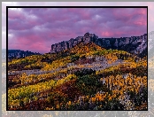 Drzewa, Góry, Niebo, Jesień, San Juan Mountains, Kolorado, Stany Zjednoczone, Skały, Las
