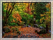 Ogród japoński, Oregon, Krzewy, Stany Zjednoczone, Drzewa, Jesień, Portland Japanese Garden, Portland