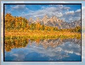 Stan Wyoming, Chmury, Rzeka, Jesień, Snake River, Park Narodowy Grand Teton, Teton Range, Drzewa, Góry, Stany Zjednoczone