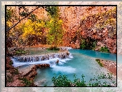 Kaskada, Rzeka, Stany Zjednoczone, Drzewa, Havasupai Indian Reservation, Skały, Park Narodowy Grand Canyon