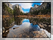 Park Narodowy Yosemite, Stany Zjednoczone, Góry, Dolina Valley, Chmury, Stan Kalifornia, Odbicie, Drzewa, Kamienie