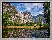 Park Narodowy Yosemite, Wodospad, Skały, Stany Zjednoczone, Rzeka, Drzewa, Góry, Kalifornia