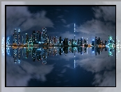 Zjednoczone Emiraty Arabskie, Woda, Dzielnica Business Bay, Odbicie, Dubaj, Miasto nocą, Wieżowce, Zatoka
