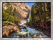 Park Narodowy Yosemite, Rzeka, Drzewa, Stany Zjednoczone, Wodospad, Tęcza, Góry, Kalifornia