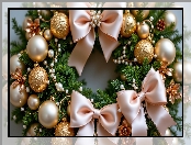 Boże Narodzenie, Wieniec, Kokardy, Grafika AI, Bombki, Złote
