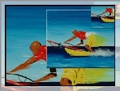 żółte spodenki, Windsurfing, deska, żagiel , morze