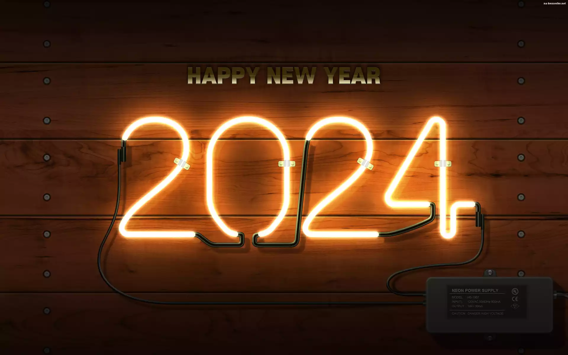 2024, Åšciana, Sylwester, Deski, Napis, Happy New Year, Neon