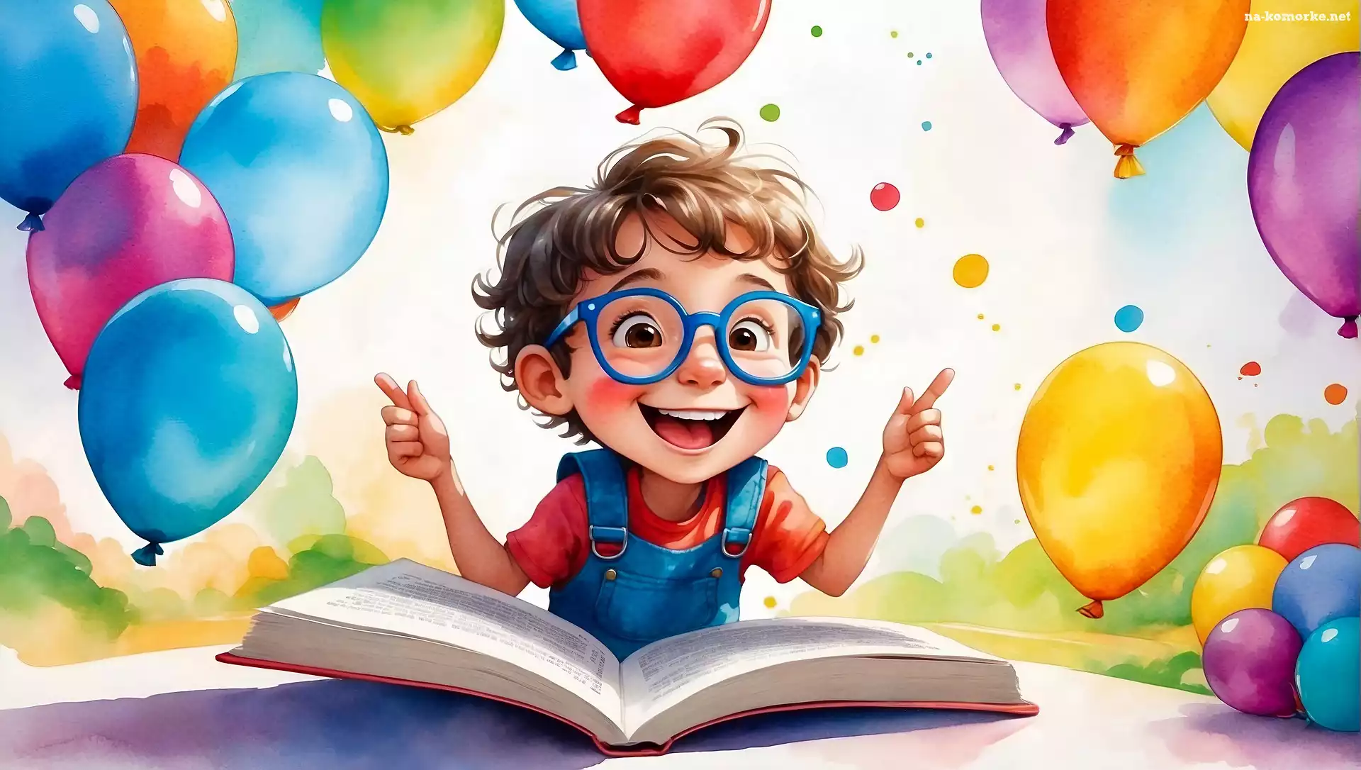 Balony, Książka, Chłopiec, 2D, Radość, Okulary, Uśmiech