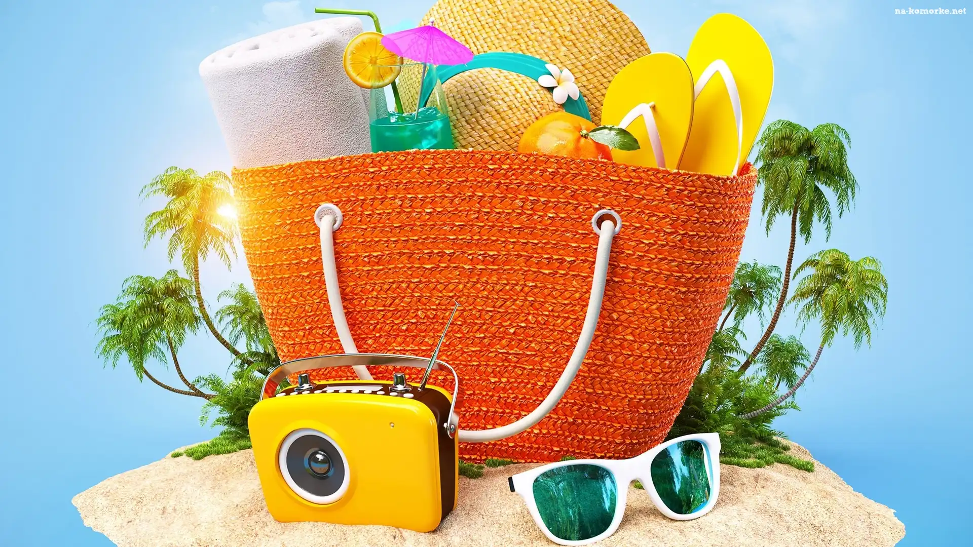 Lato, Torba, Palmy, Wakacje, Grafika 2D, Okulary, Kapelusz, Plaża, Drink, Radio, Klapki