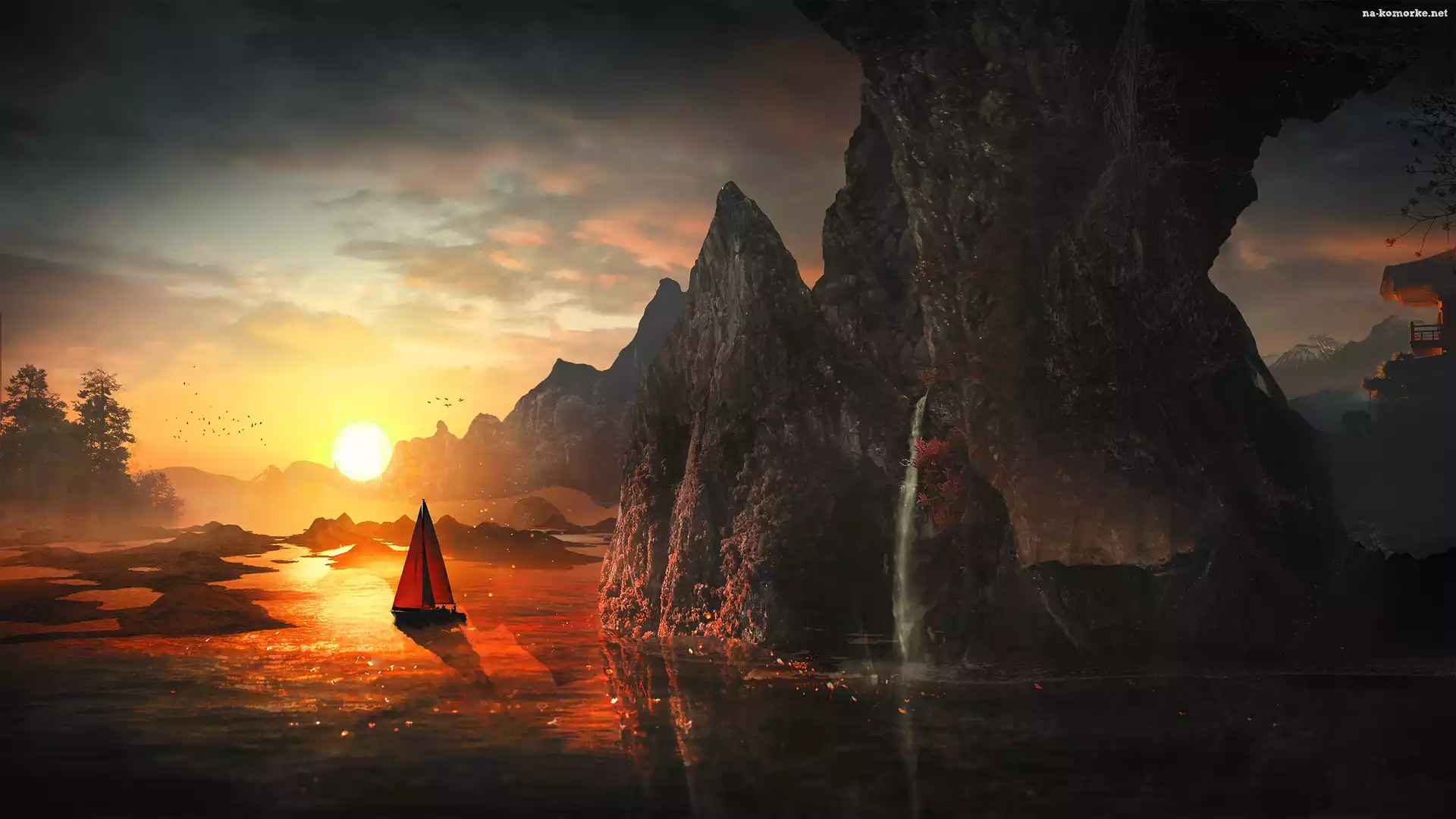 Żaglówka, Fantasy, Zachód słońca, Skały, Łódka