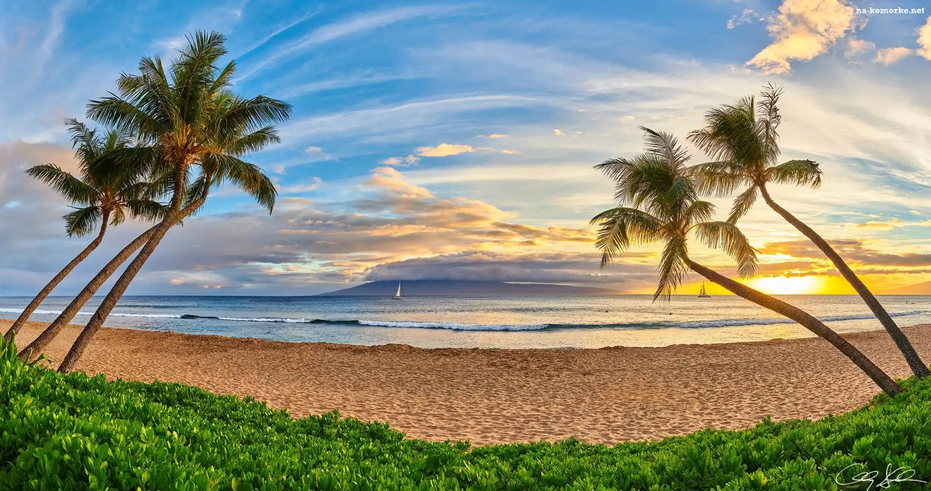 Hawaje, Chmury, Plaża Kaanapali Beach, Żaglówki, Wyspa Maui, Palmy, Roślinność, Wschód słońca