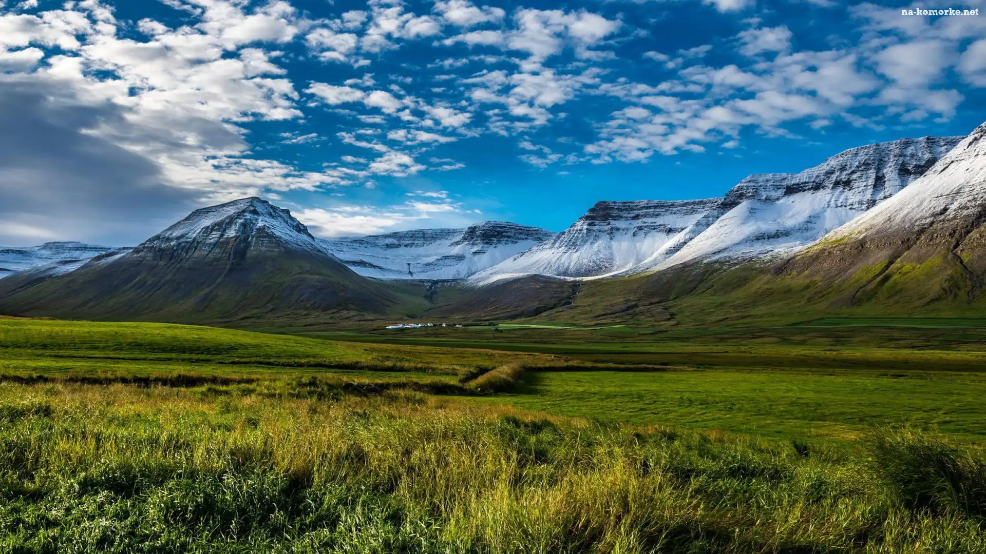 Łąki, Półwysep Westfjords, Islandia, Chmury, Góry, Pola