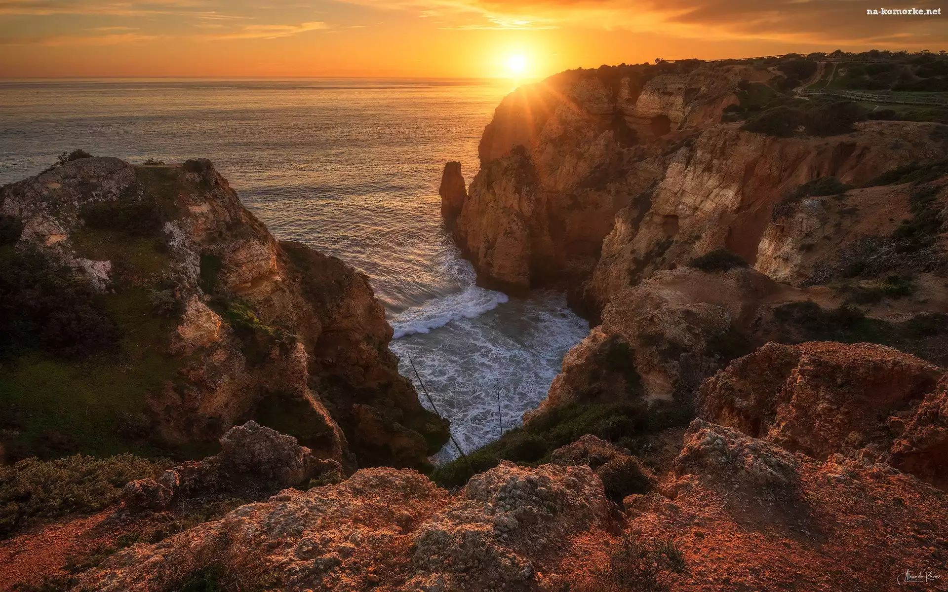 Portugalia, Skały, Morze, Algarve, Wschód słońca