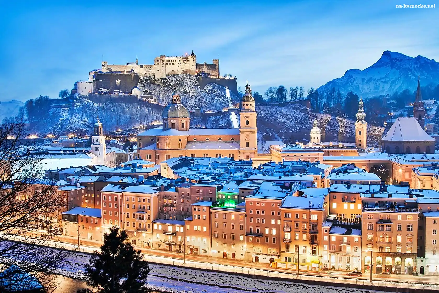 Alpy, Panorama, Salzburg, Salzach, Miasta, Rzeka