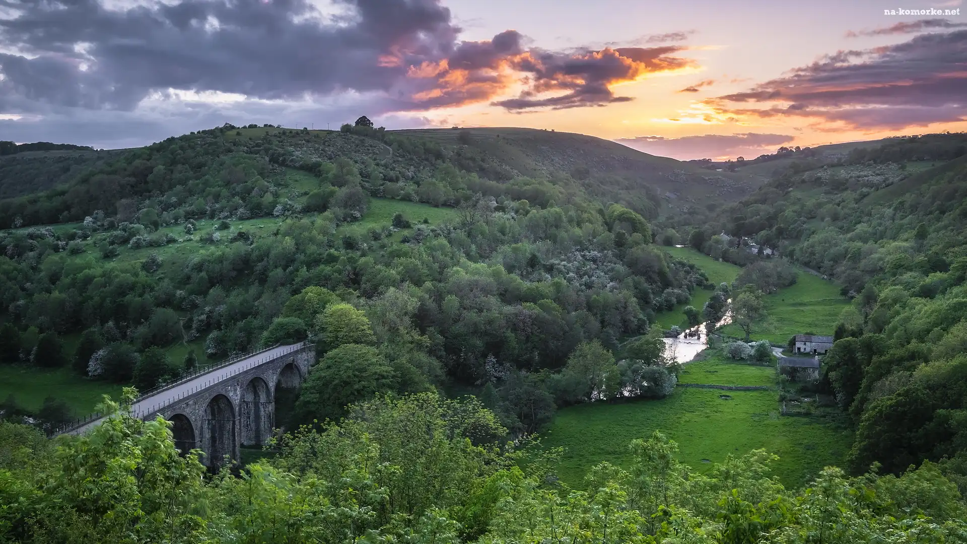 Dolina, Park Narodowy Peak District, Anglia, Monsal Dale, Wzgórza, Most, Headstone Viaduct