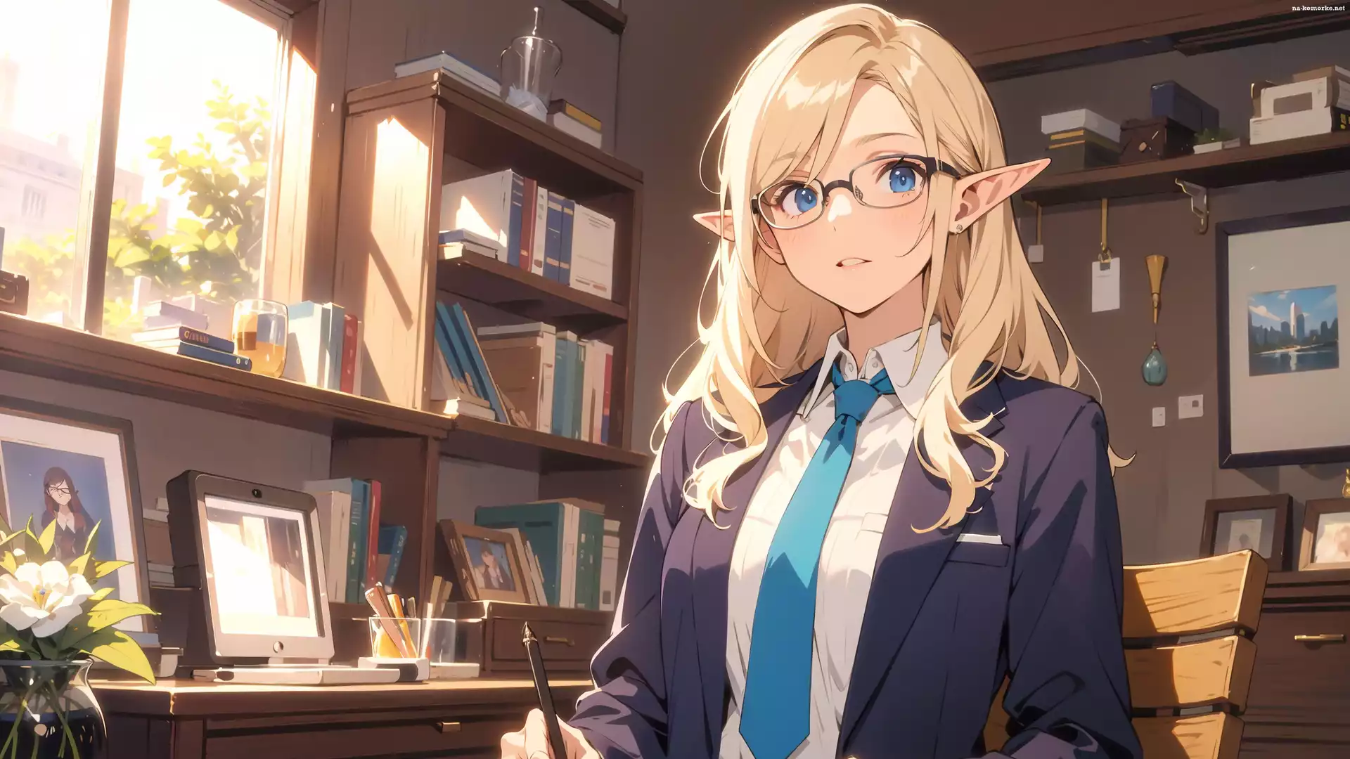 Krawat, Biuro, Dziewczyna, Anime, Uszy, Okulary, Elfka