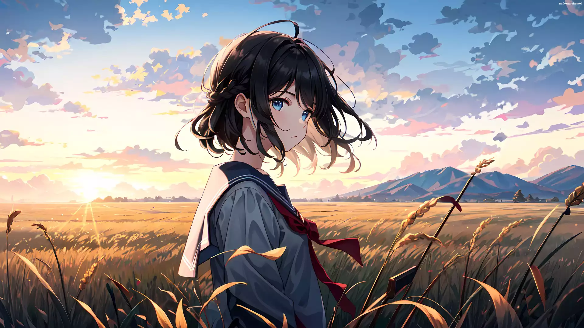 Słońce, Góry, Dziewczyna, Anime, Pole, Zboże, Uczennica