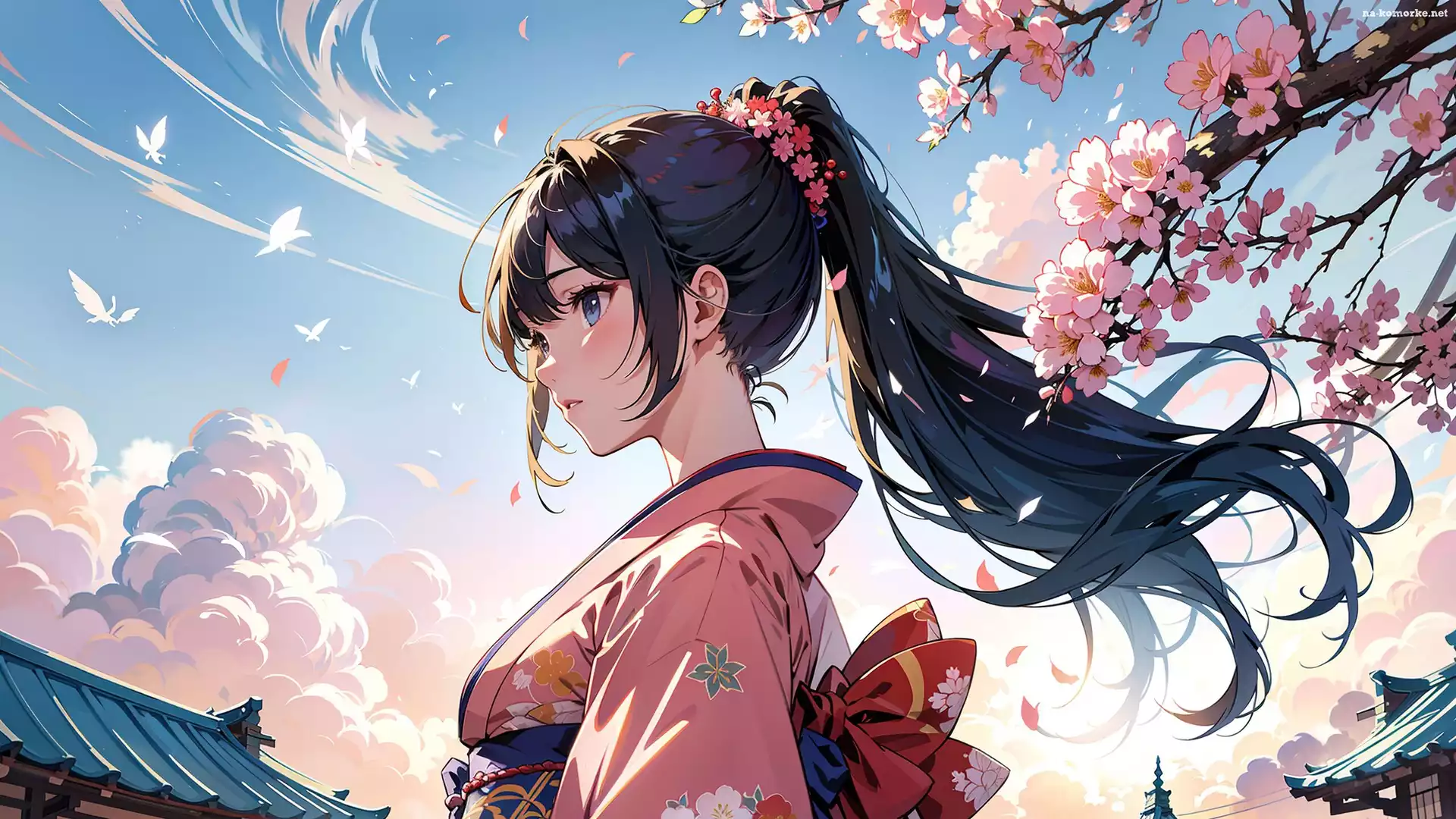 Ptaki, Dziewczyna, Kwiaty, Anime, Kimono, Profil