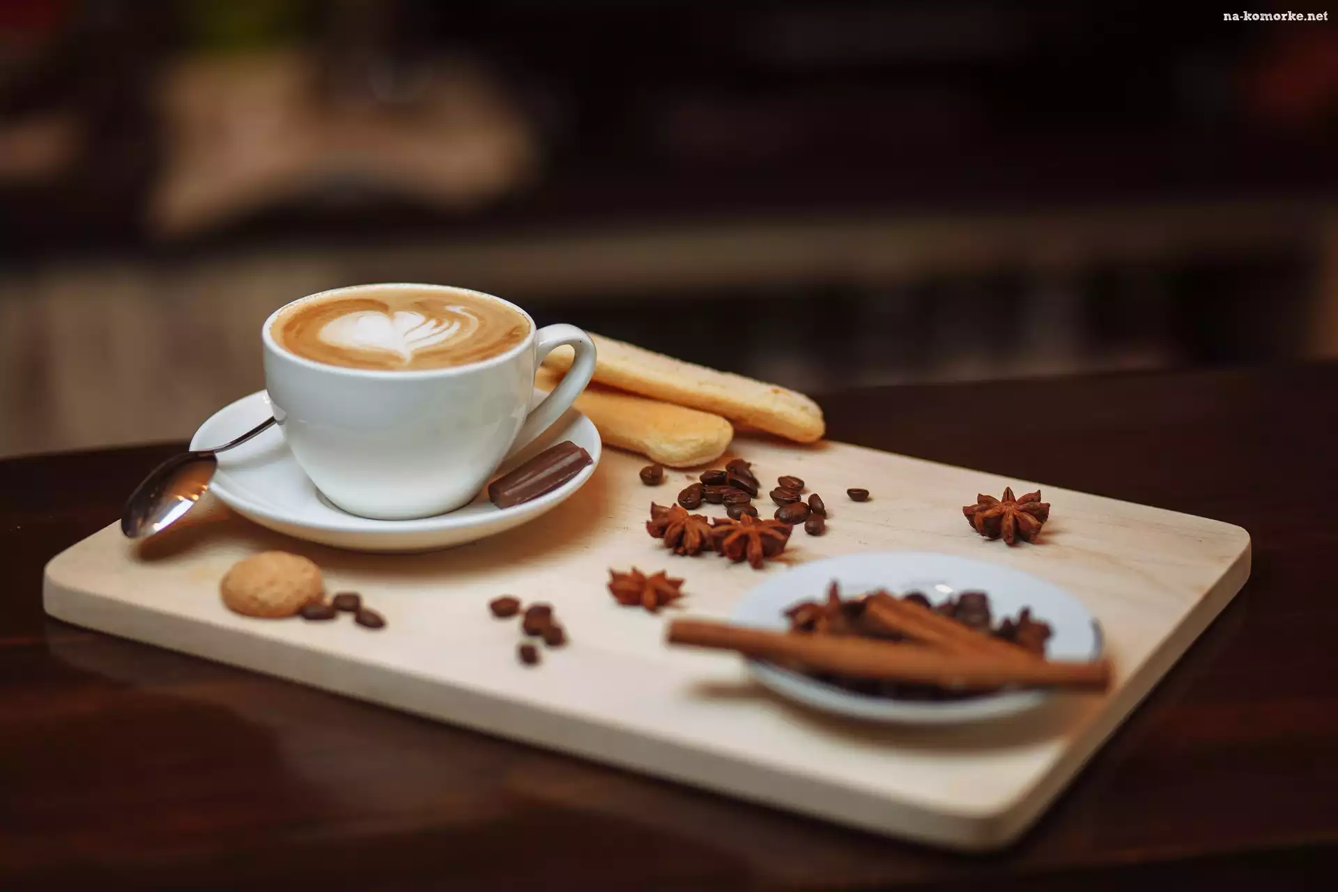 Kawa, Anyż, Filiżanka, Deska, Cappuccino, Spodek, Łyżeczka, Ciasteczka