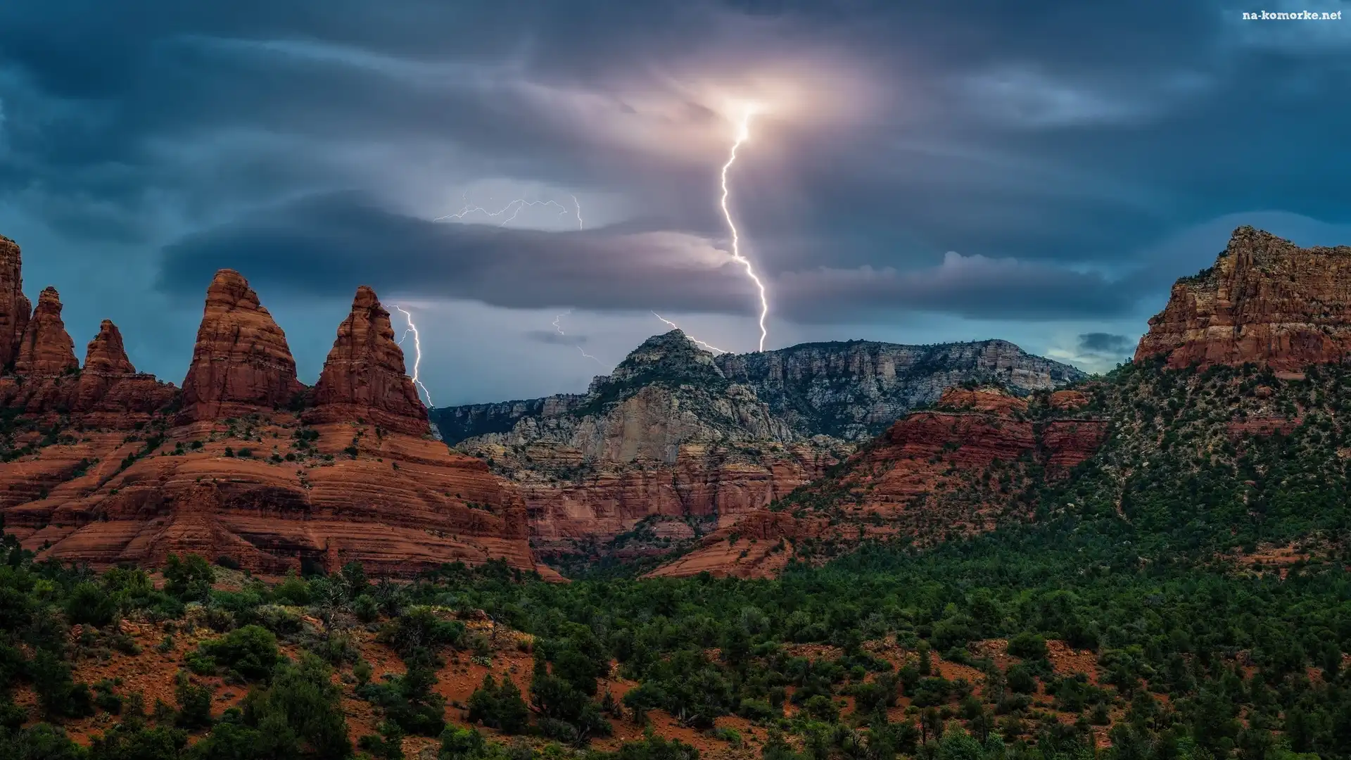 Krzewy, Burza, Stany Zjednoczone, Piorun, Sedona, Skały, Arizona